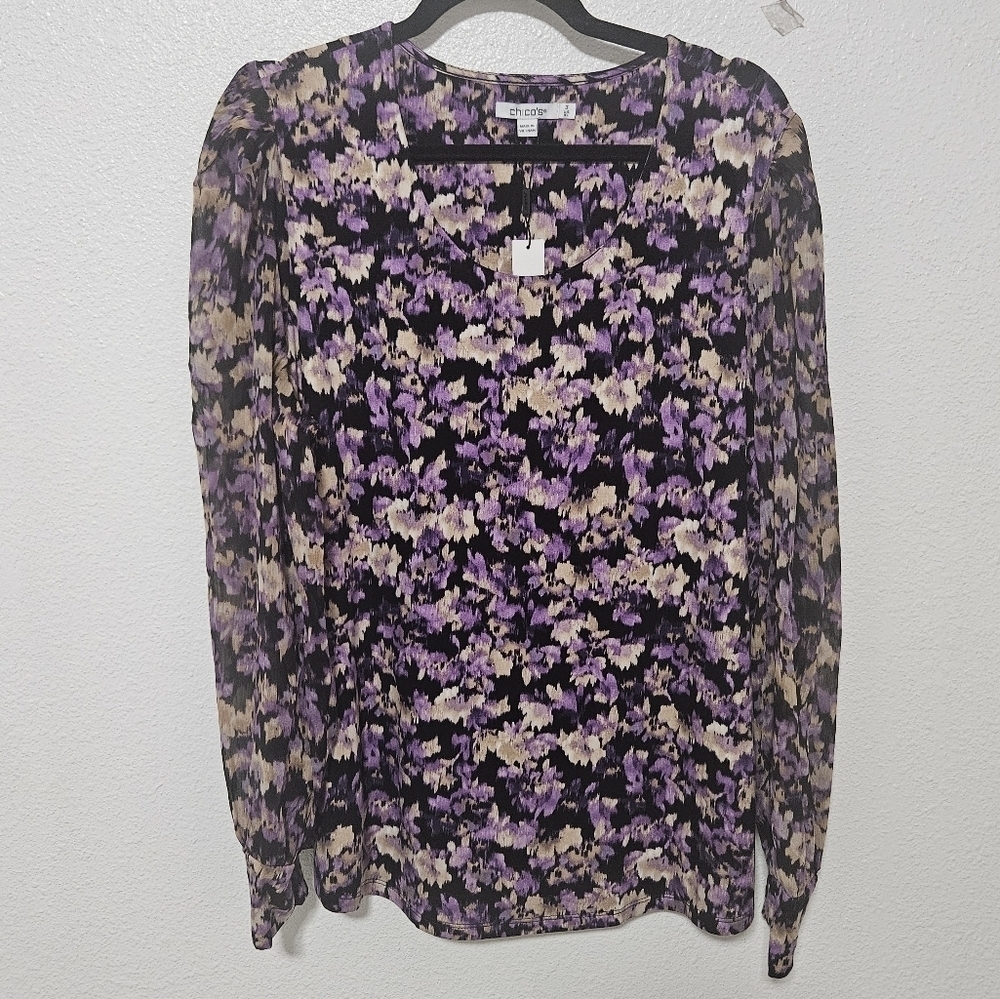NWT Chico's Floral top with sheer sleeve details size xl